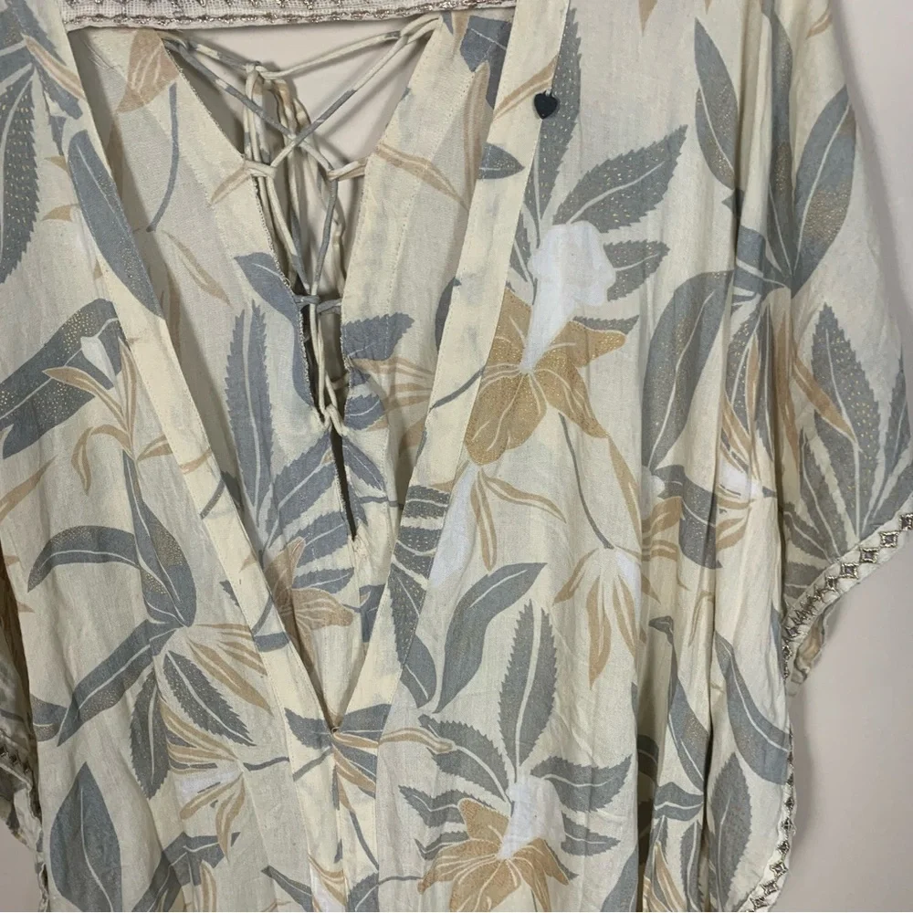 Z&L Tropical Leaf Print Kaftan Maxi Dress Metallic Embroidery Tassel - Picture 3 of 14